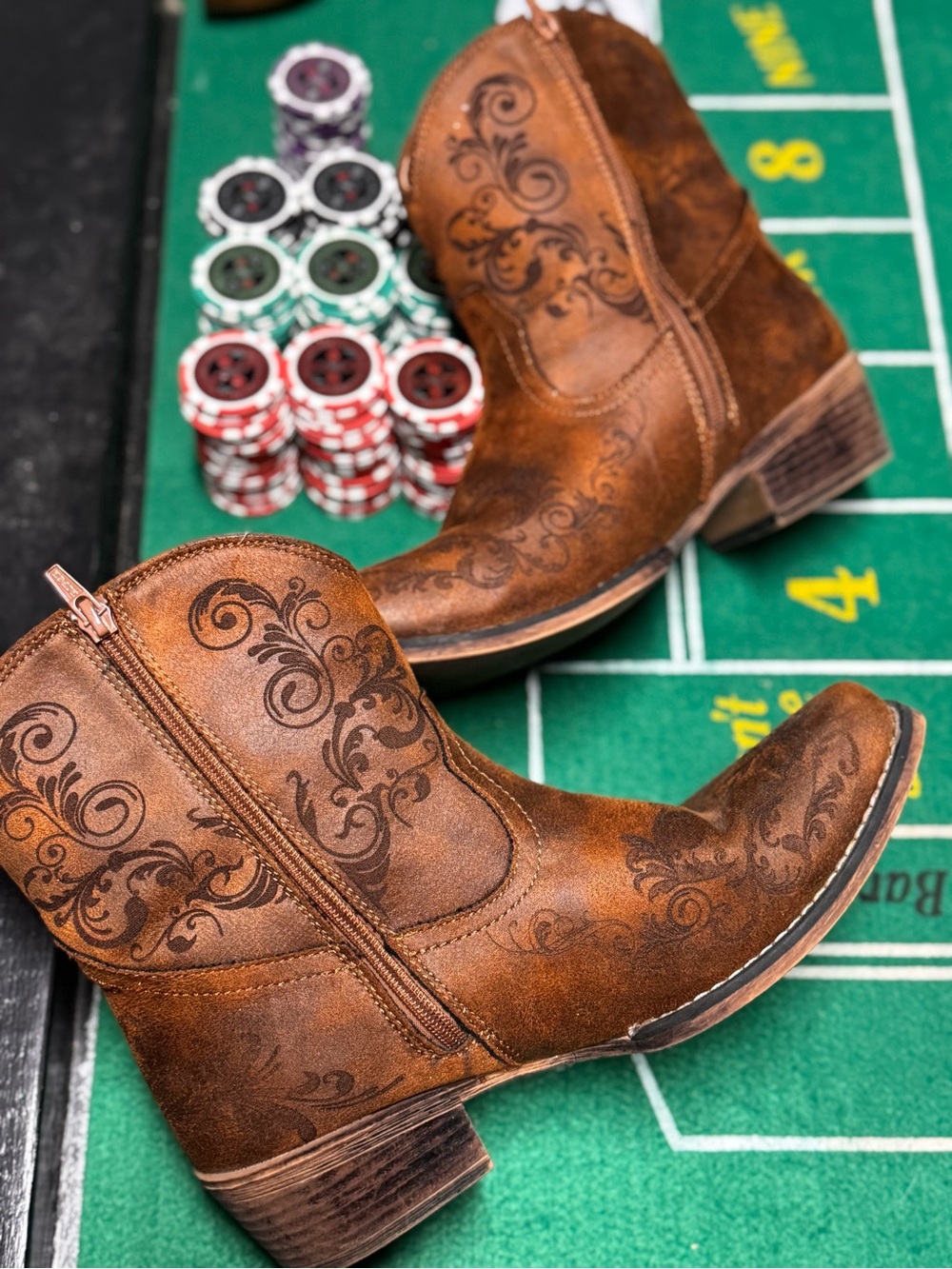 Roper Brown Floral-Embossed Western Zip Ankle Boots